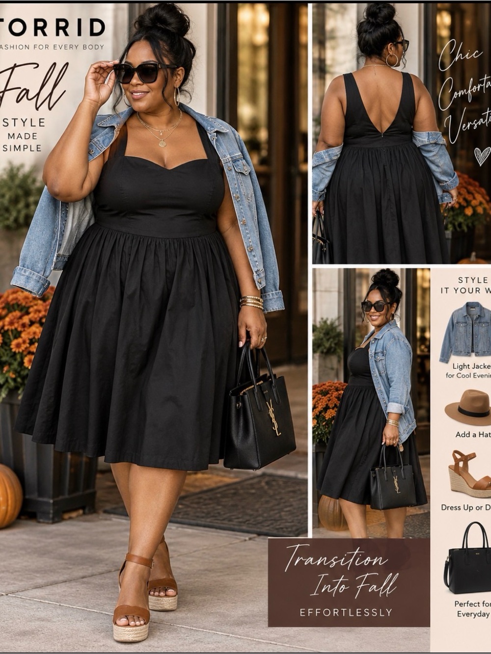 torrid Black Square-Neck Fit & Flare Midi Dress with Denim Jacket Styling